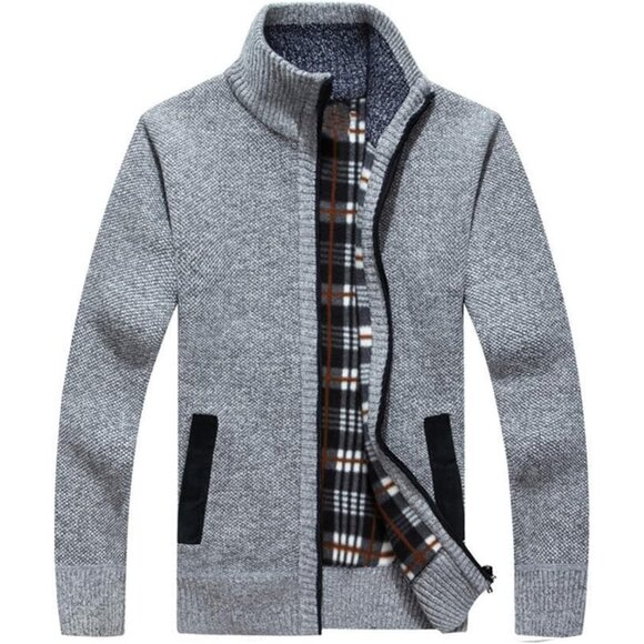 Men's Grey Casual Slim Full Zip Knitted Polyester Cardigan Sweater with Pocked - Picture 1 of 5